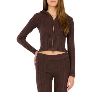 Forever 21 Womens Cable Knit Zip Up Sweater with Hood and Drawstring. Thick Rib Band at Waist and Sleeve Cuffs.(Shopping Bag)