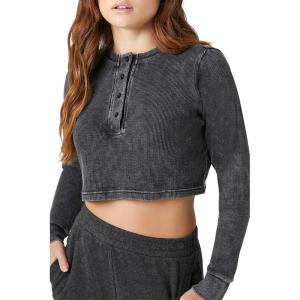 Forever 21 Womens Cotton Ribbed Cropped Henley Top(Black)