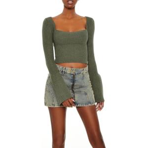 Forever 21 Women’s Cropped Bell-Sleeve Sweater(Dark Green)