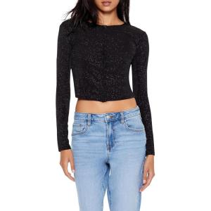 Forever 21 Womens Glitter Knit Button-up Crop Top(Black)