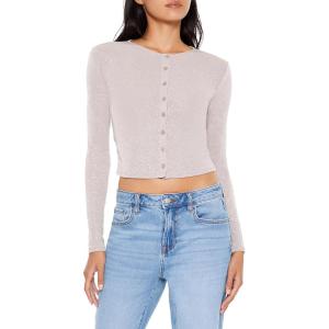 Forever 21 Womens Glitter Knit Button-up Crop Top(Brown)