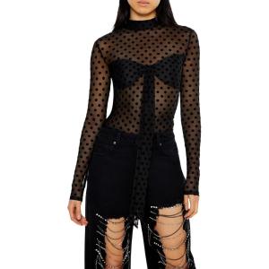 Forever 21 Womens Mesh Polka Dot Mock Neck Top(Black)