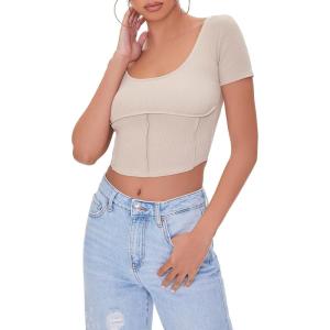Forever 21 Women’s Ribbed Inverted-Seam Crop Top(Beige)