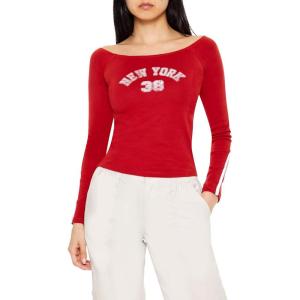 Forever 21 Womens Striped New York 38 Raglan Tee(Red)