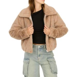 Forever 21 womens Faux Fur Zip Up Jacket(Taupe)