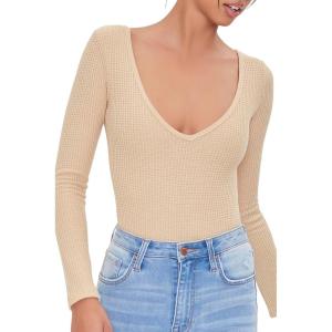 Forever 21 womens Plunging Waffle Knit Bodysuit(Tan)