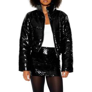 Forever 21 womens Sequin Zip-up Puffer Jacket(Black)