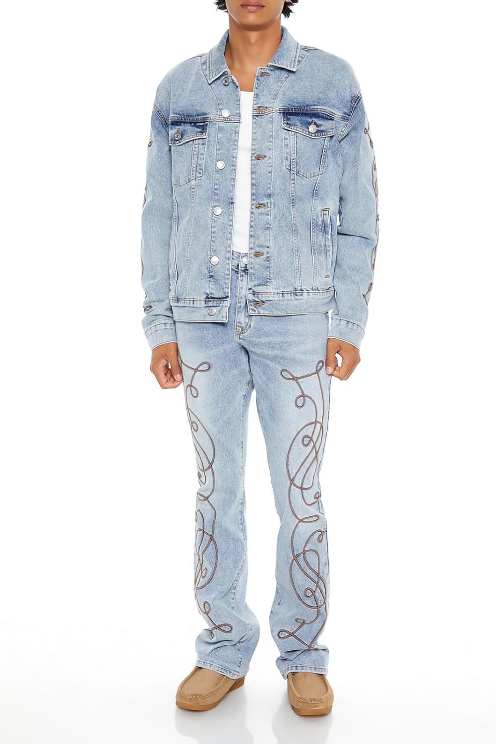 imageForever 21 Mens Embroidered Denim Trucker JacketLight Denim