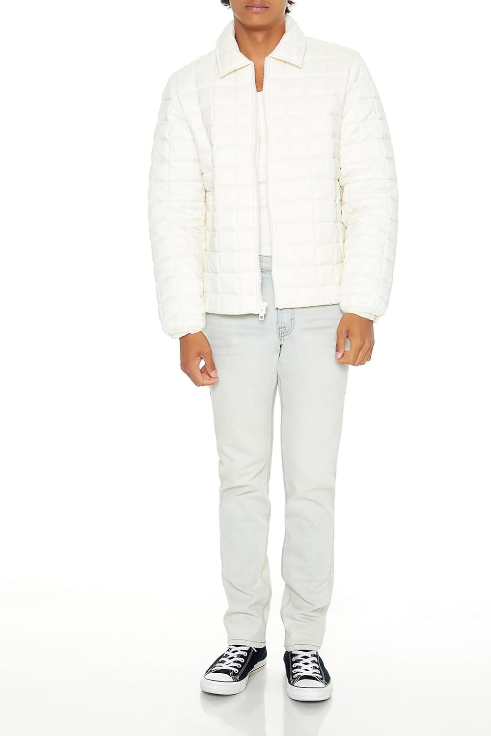 imageForever 21 Mens Quilted Zipup Bomber JacketCream