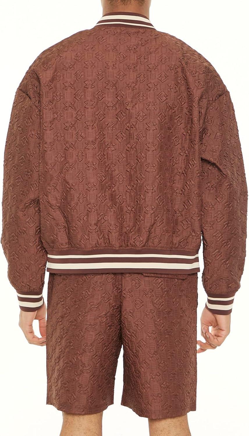 imageForever 21 Mens Textured Varsity Bomber JacketChocolate