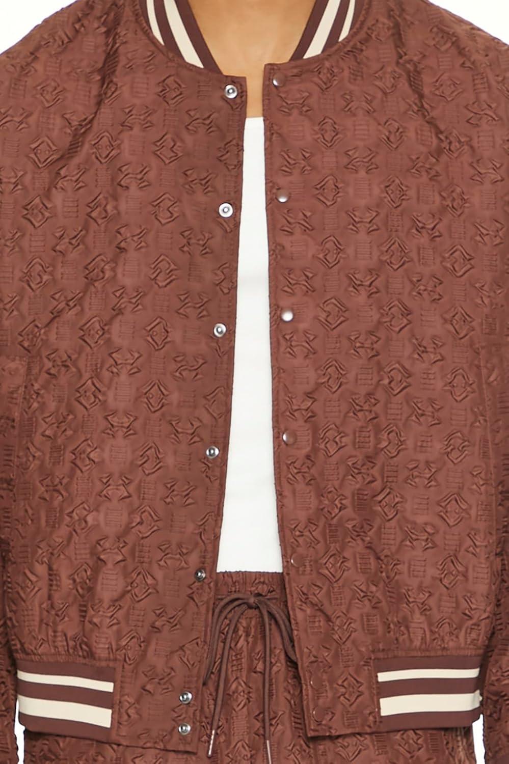 imageForever 21 Mens Textured Varsity Bomber JacketChocolate