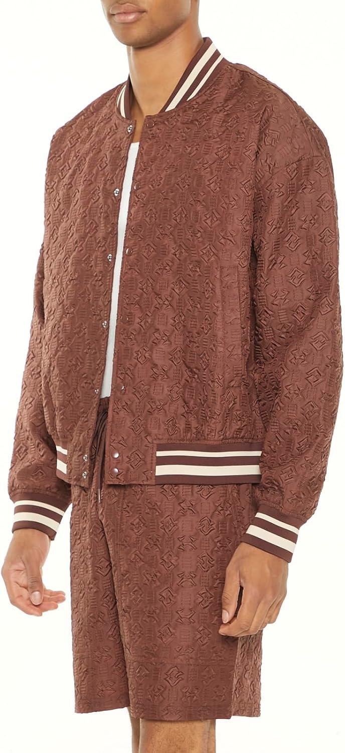 imageForever 21 Mens Textured Varsity Bomber JacketChocolate