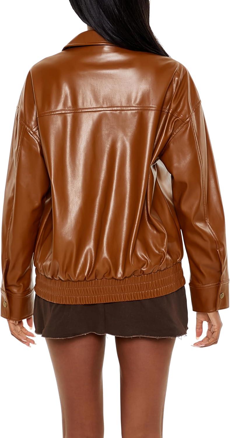 imageForever 21 Womens Faux Leather ZipUp Bomber Jacket Root Beer XLarge