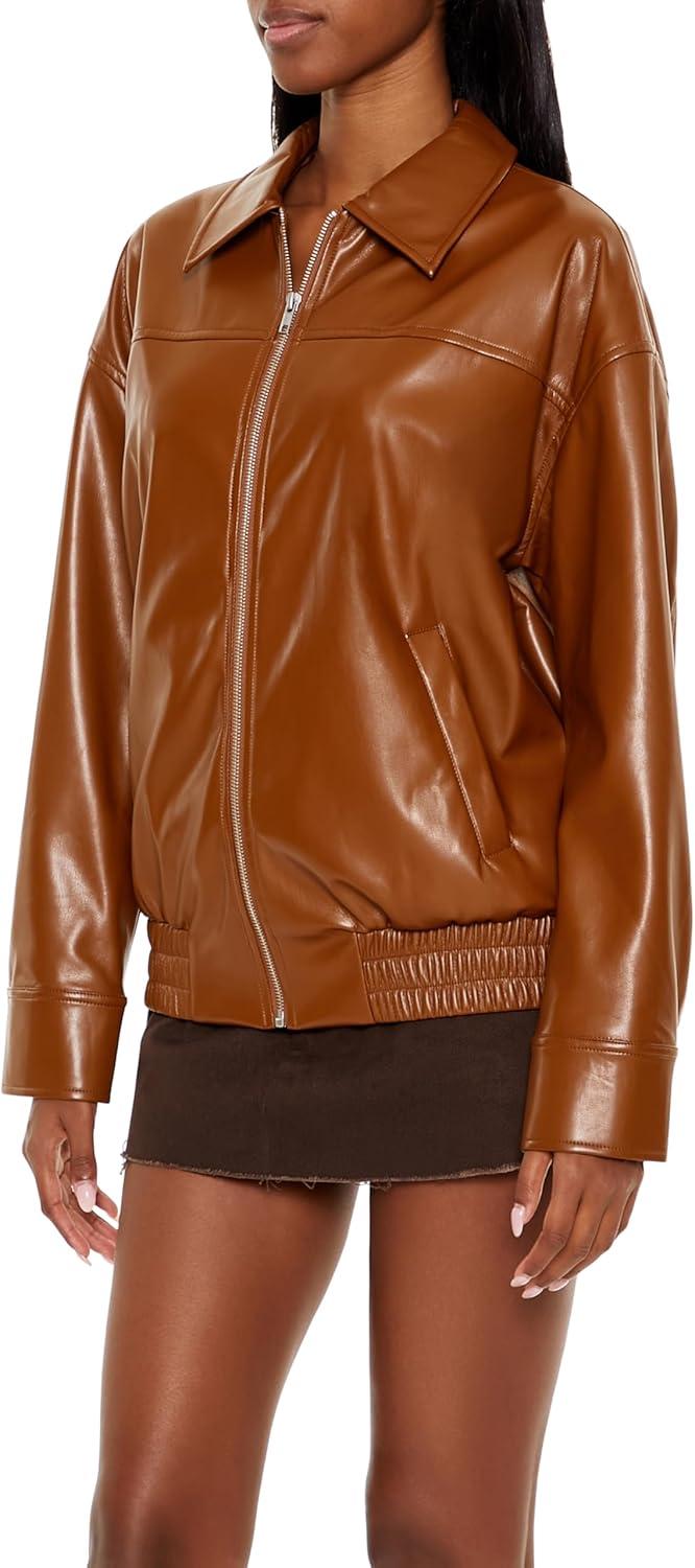 imageForever 21 Womens Faux Leather ZipUp Bomber Jacket Root Beer XLarge