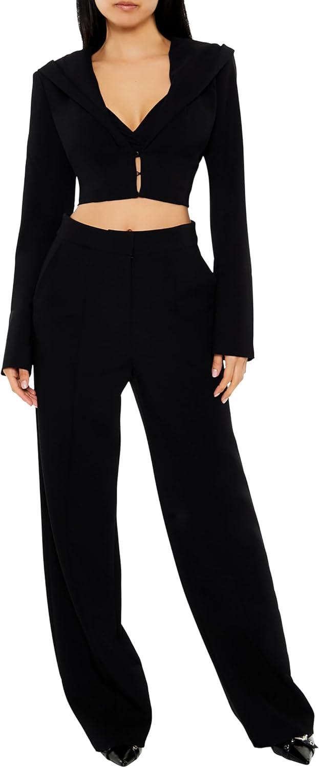 imageForever 21 Womens Plunging Hooded Cropped BlazerBlack