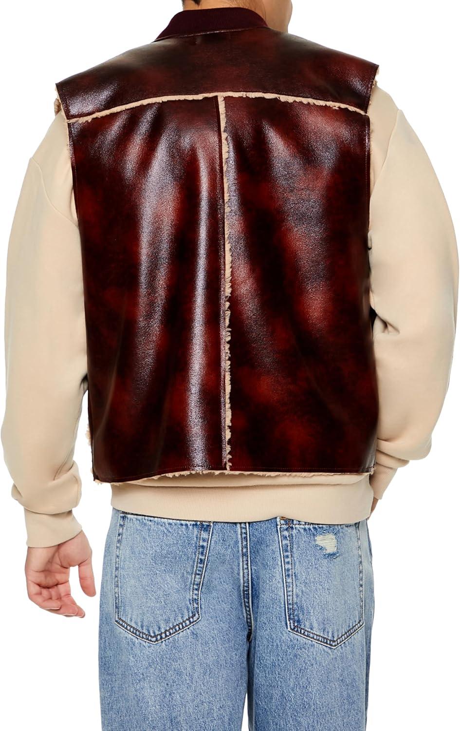 imageForever 21 mens Faux Leather ampamp Shearling VestCocoaTaupe