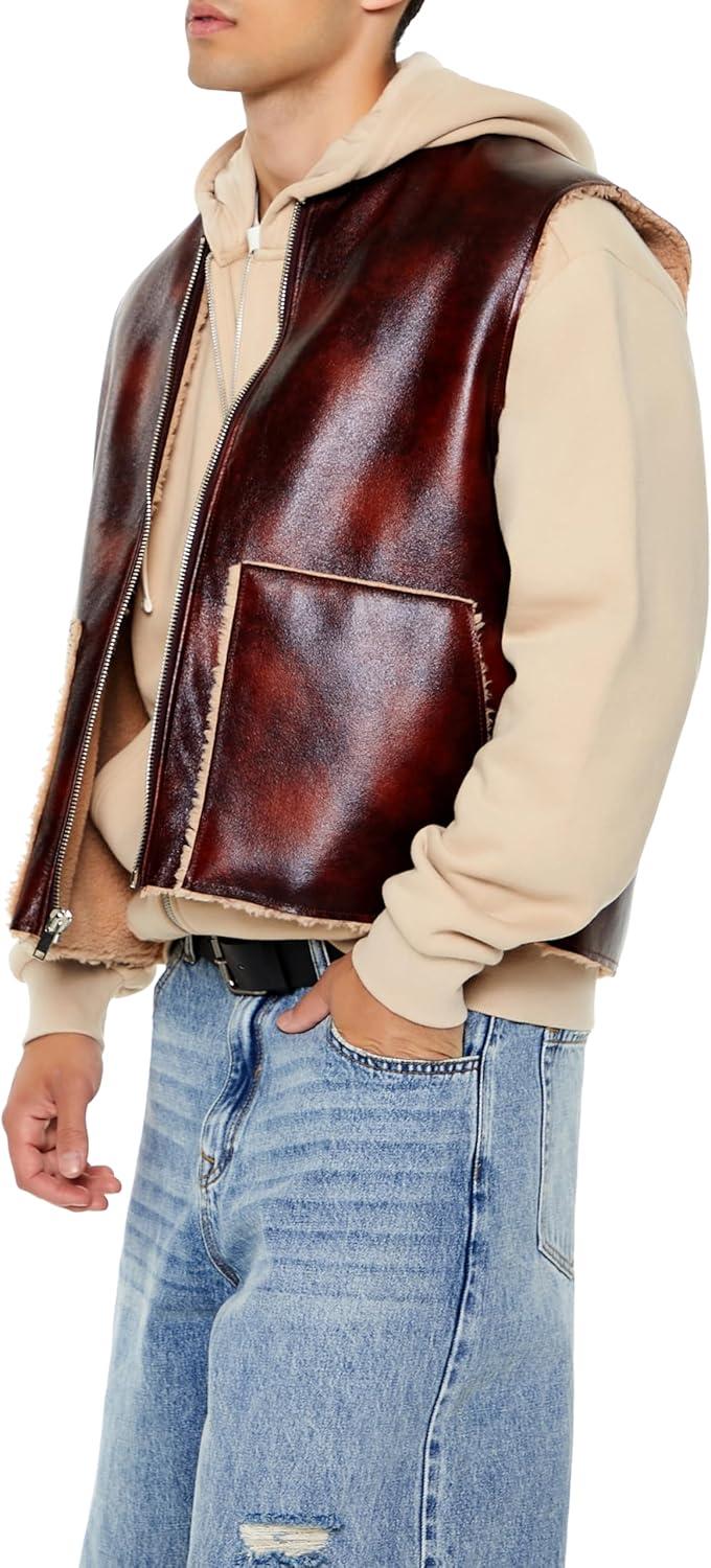 imageForever 21 mens Faux Leather ampamp Shearling VestCocoaTaupe