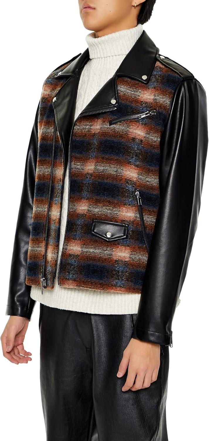 imageForever 21 mens Plaid Faux Leather Moto JacketBlackMulti