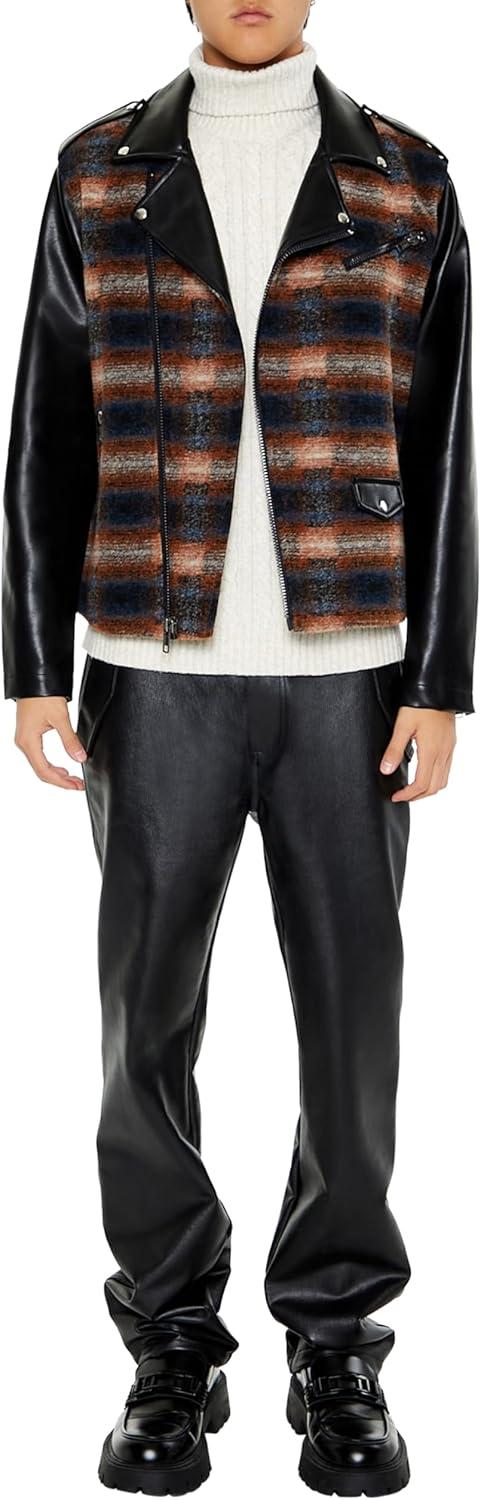 imageForever 21 mens Plaid Faux Leather Moto JacketBlackMulti