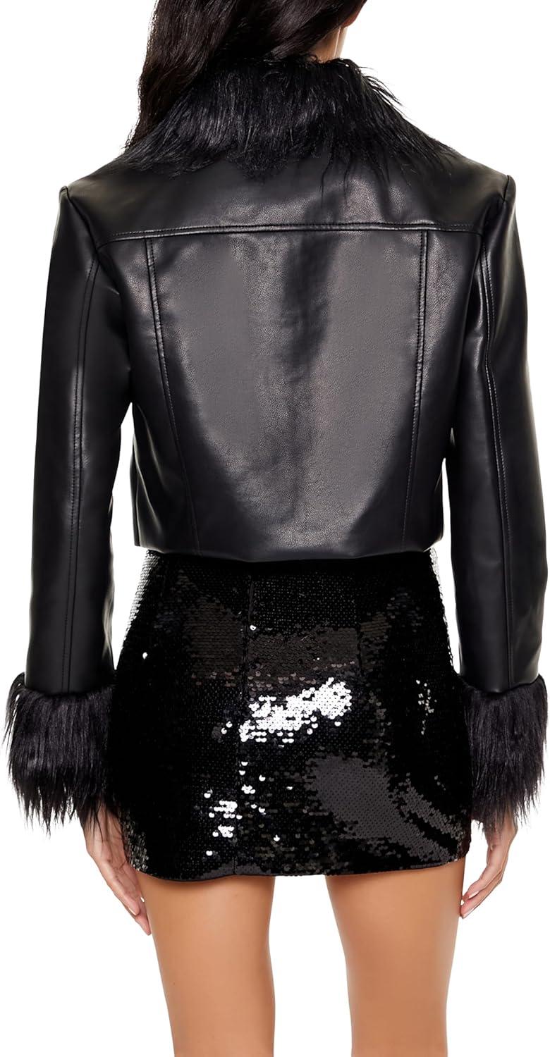 imageForever 21 womens Faux Fur ampamp Leather Trucker JacketBlackBlack