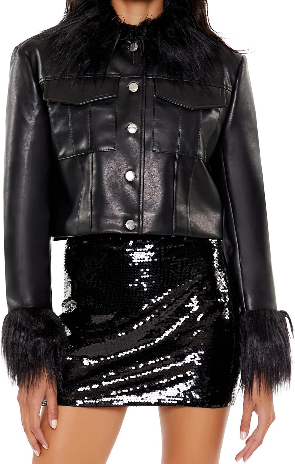 imageForever 21 womens Faux Fur ampamp Leather Trucker JacketBlackBlack