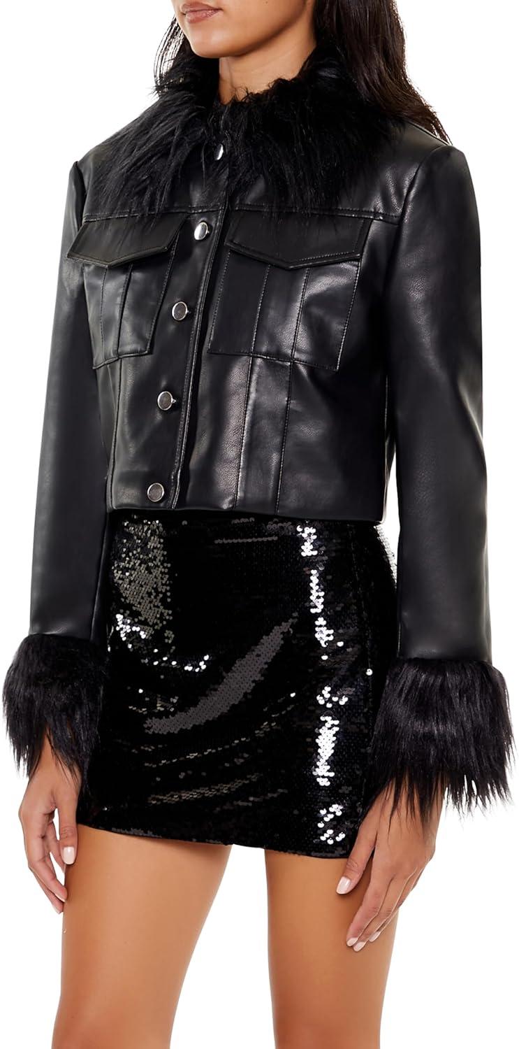 imageForever 21 womens Faux Fur ampamp Leather Trucker JacketBlackBlack