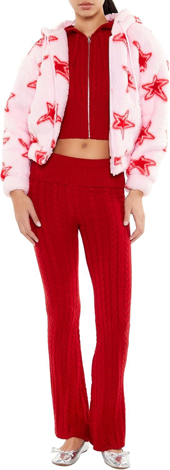 imageForever 21 womens Faux Shearling Star Print HoodiePinkRed