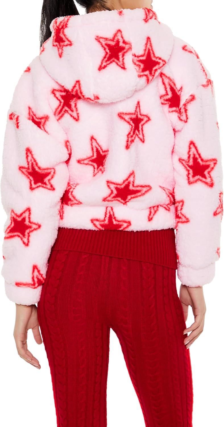 imageForever 21 womens Faux Shearling Star Print HoodiePinkRed
