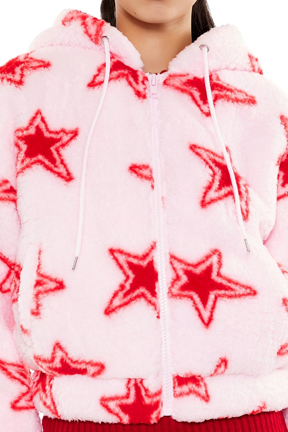 imageForever 21 womens Faux Shearling Star Print HoodiePinkRed