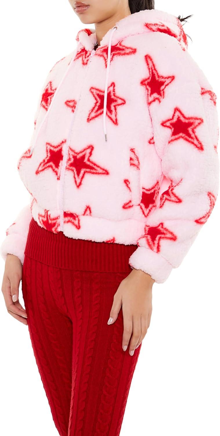 imageForever 21 womens Faux Shearling Star Print HoodiePinkRed