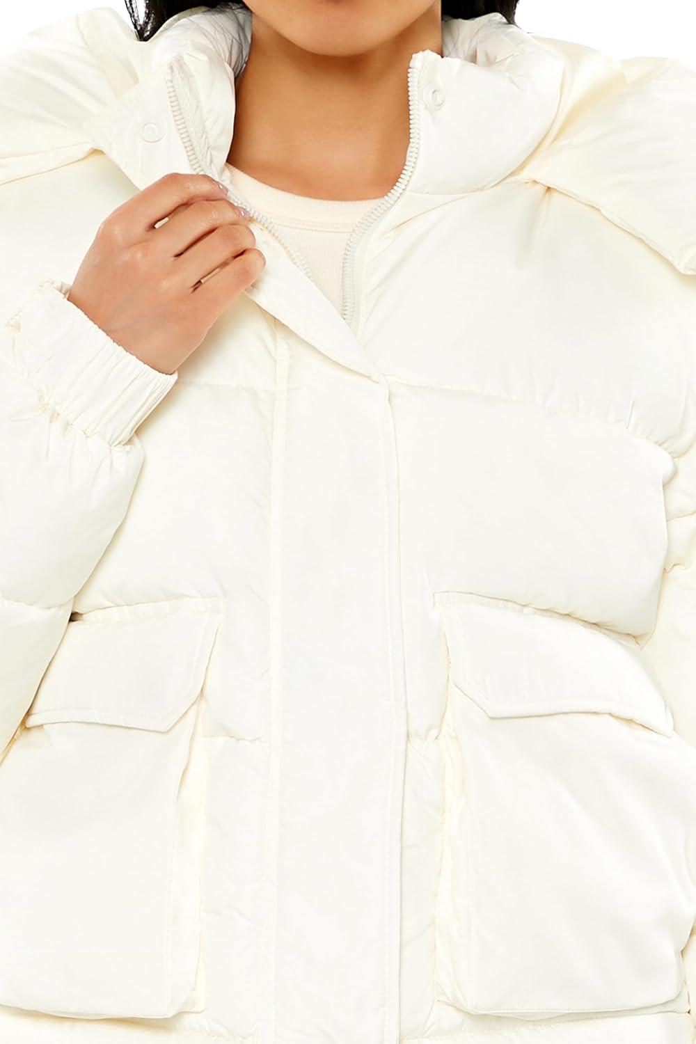 imageForever 21 womens Hooded Drawstring Puffer JacketCream