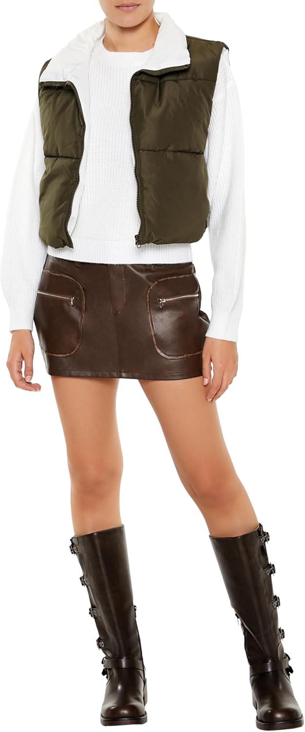 imageForever 21 womens Quilted Cropped Zipup VestOlivine