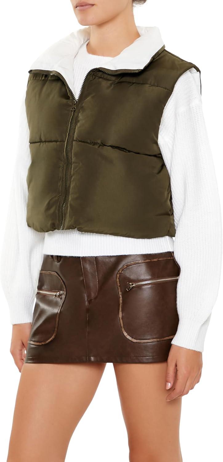 imageForever 21 womens Quilted Cropped Zipup VestOlivine