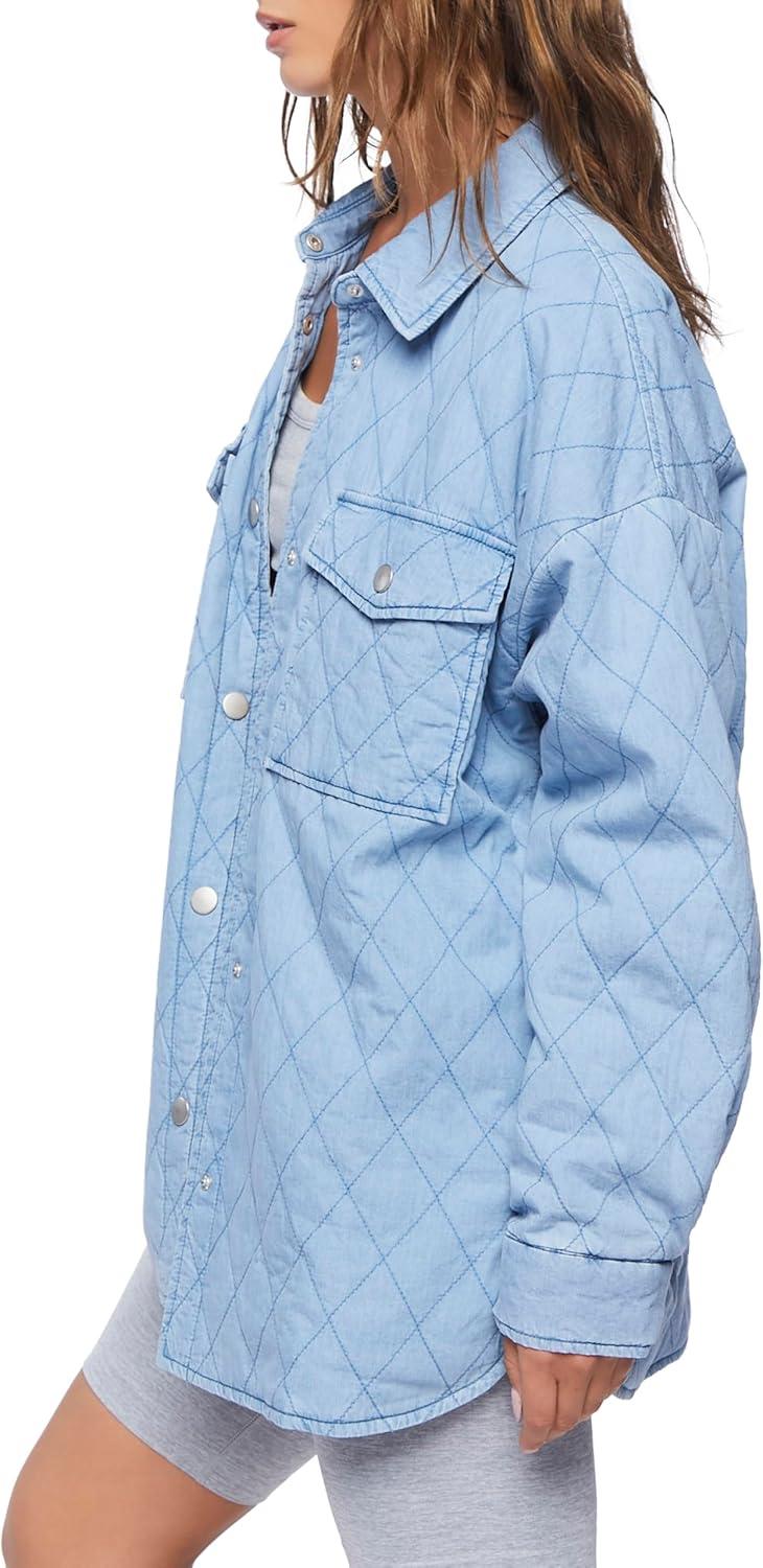 imageForever 21 womens Quilted Dolphinhem ShacketMedium Denim