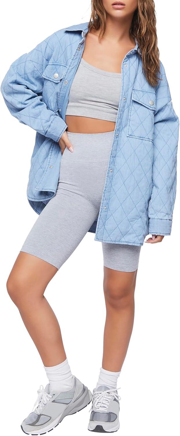 imageForever 21 womens Quilted Dolphinhem ShacketMedium Denim