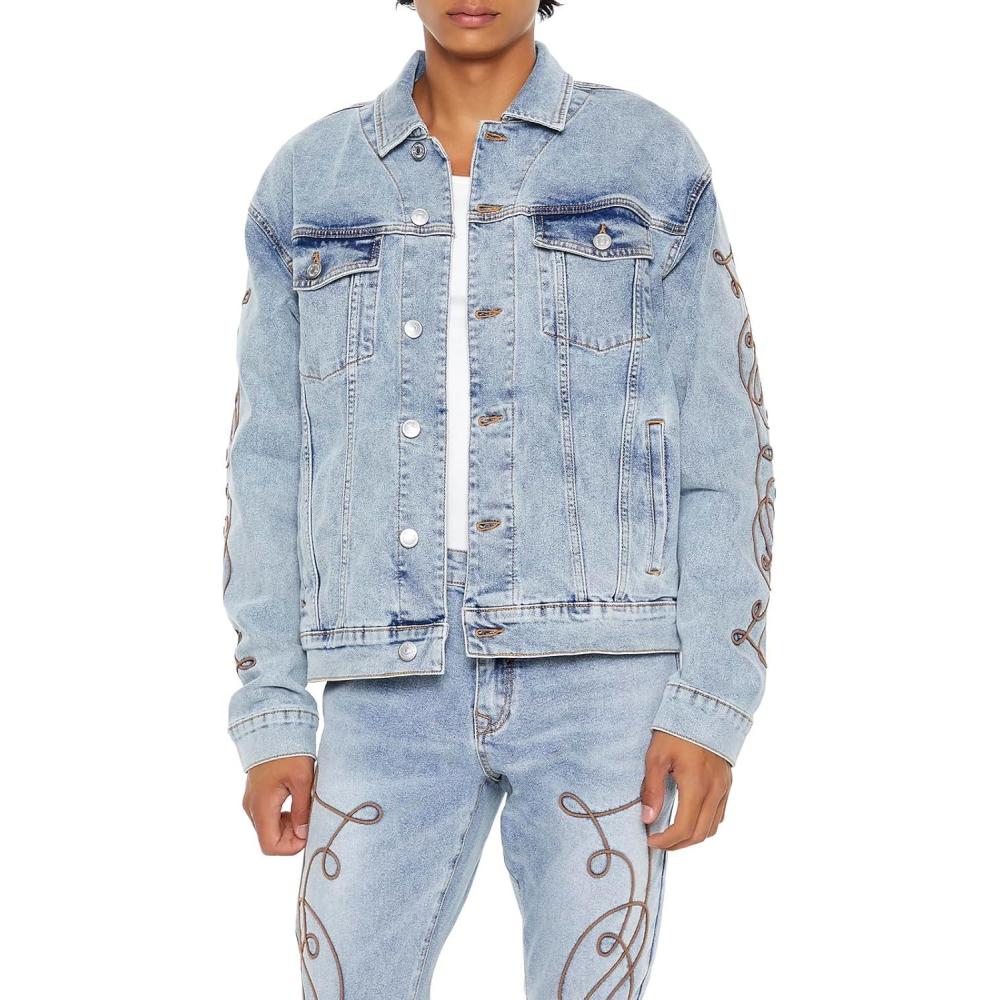 imageForever 21 Mens Embroidered Denim Trucker JacketLight Denim