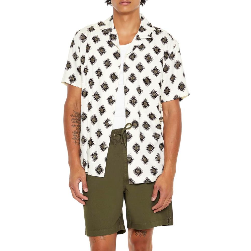 imageForever 21 Mens Geo Print Rayon ShirtCream