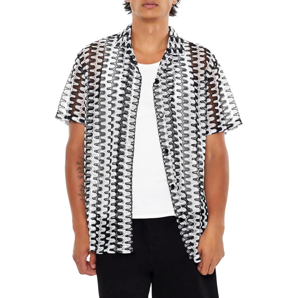 imageForever 21 Mens Geo Zigzag Cuban Collar ShirtCream