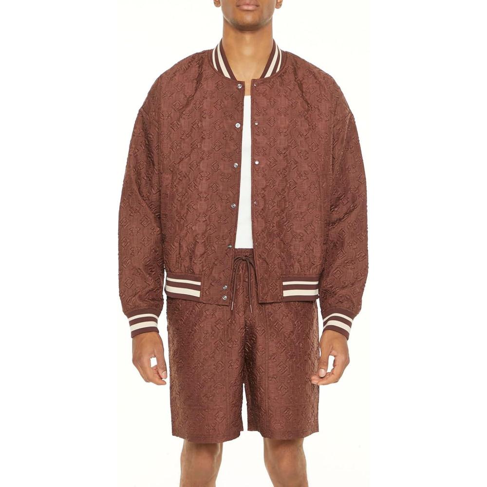 imageForever 21 Mens Textured Varsity Bomber JacketChocolate