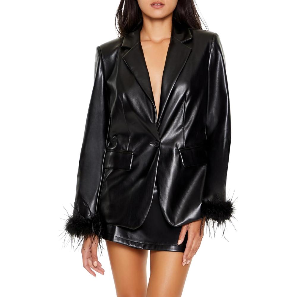 imageForever 21 Womens Faux Feather ampamp Leather BlazerBlack