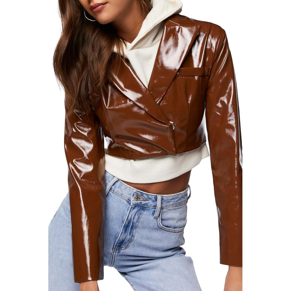 imageForever 21 Womens Faux Patent Leather Cropped BlazerBrown