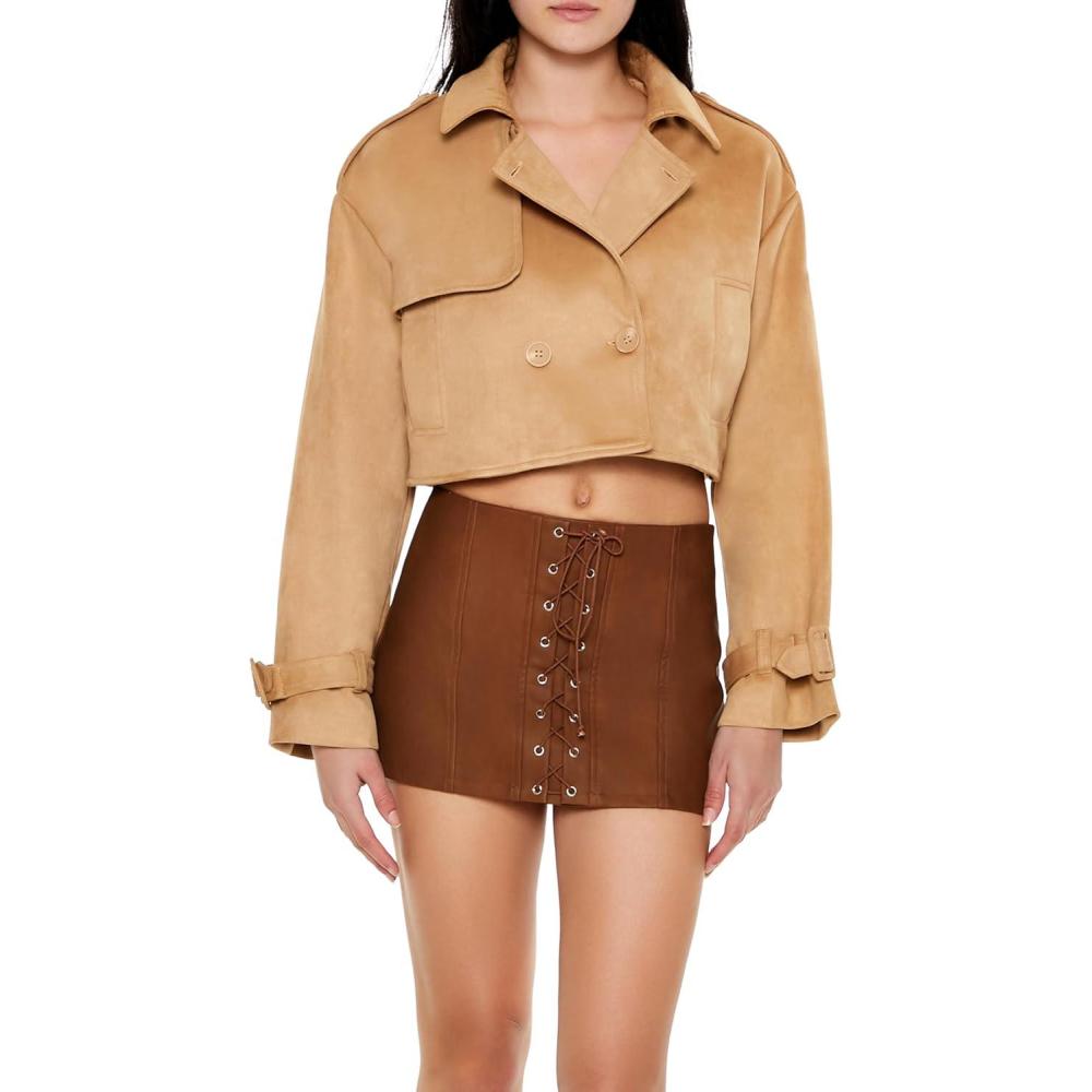 imageForever 21 Womens Faux Suede Cropped Trench Coat Mushroom XSmall