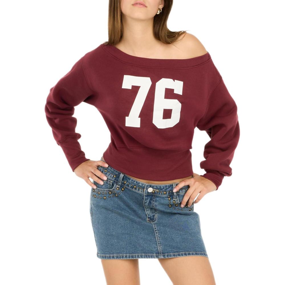 imageForever 21 Womens OffShoulder Fleece Sweatshirt  Pullover Crewneck with Graphic Print Soft Brushed Polyester Slouchy Fit for Casual Streetwear Lounge and Everyday Style Burgundy XSmall