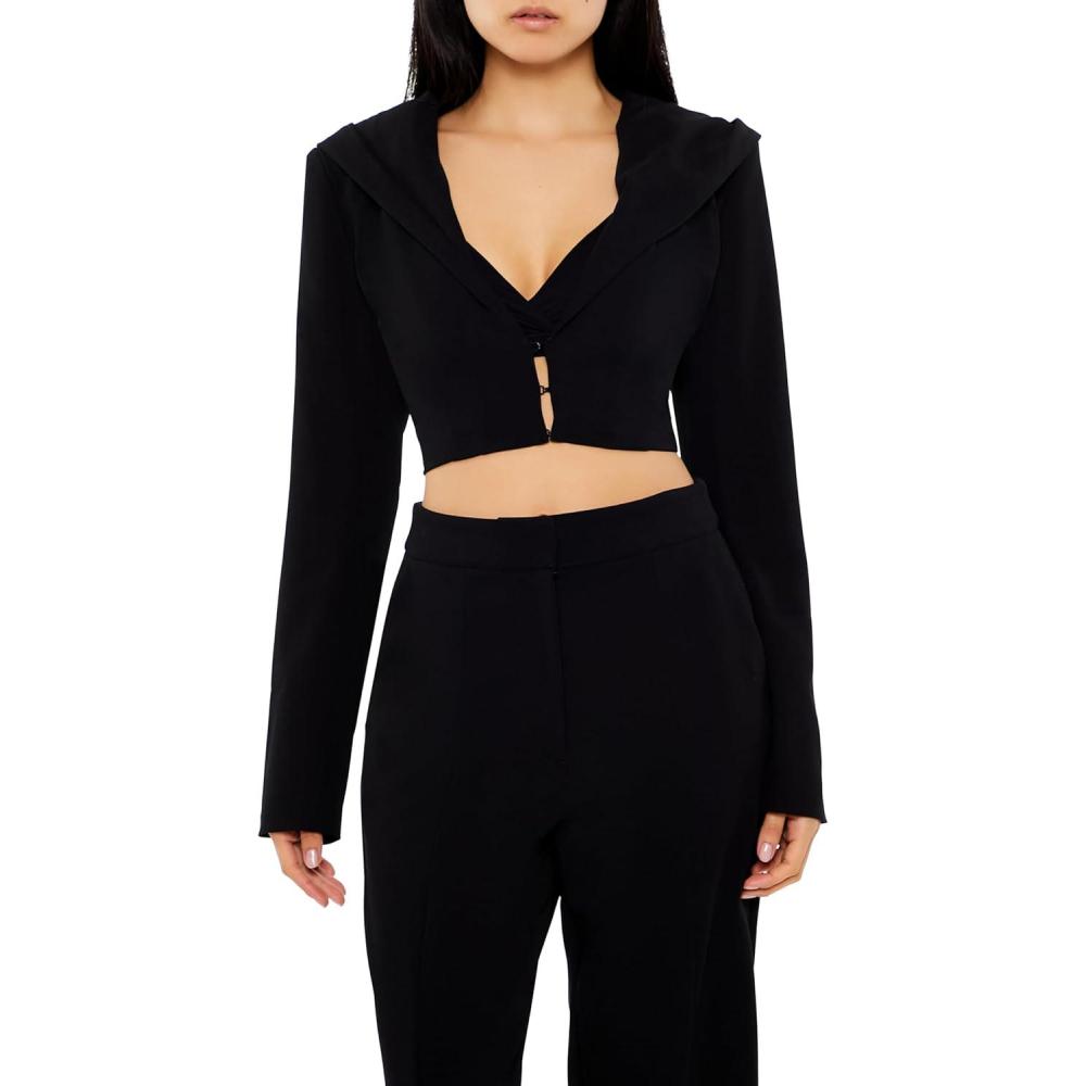 imageForever 21 Womens Plunging Hooded Cropped BlazerBlack
