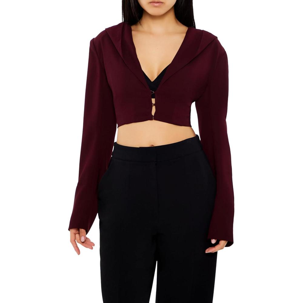 imageForever 21 Womens Plunging Hooded Cropped BlazerBurgundy