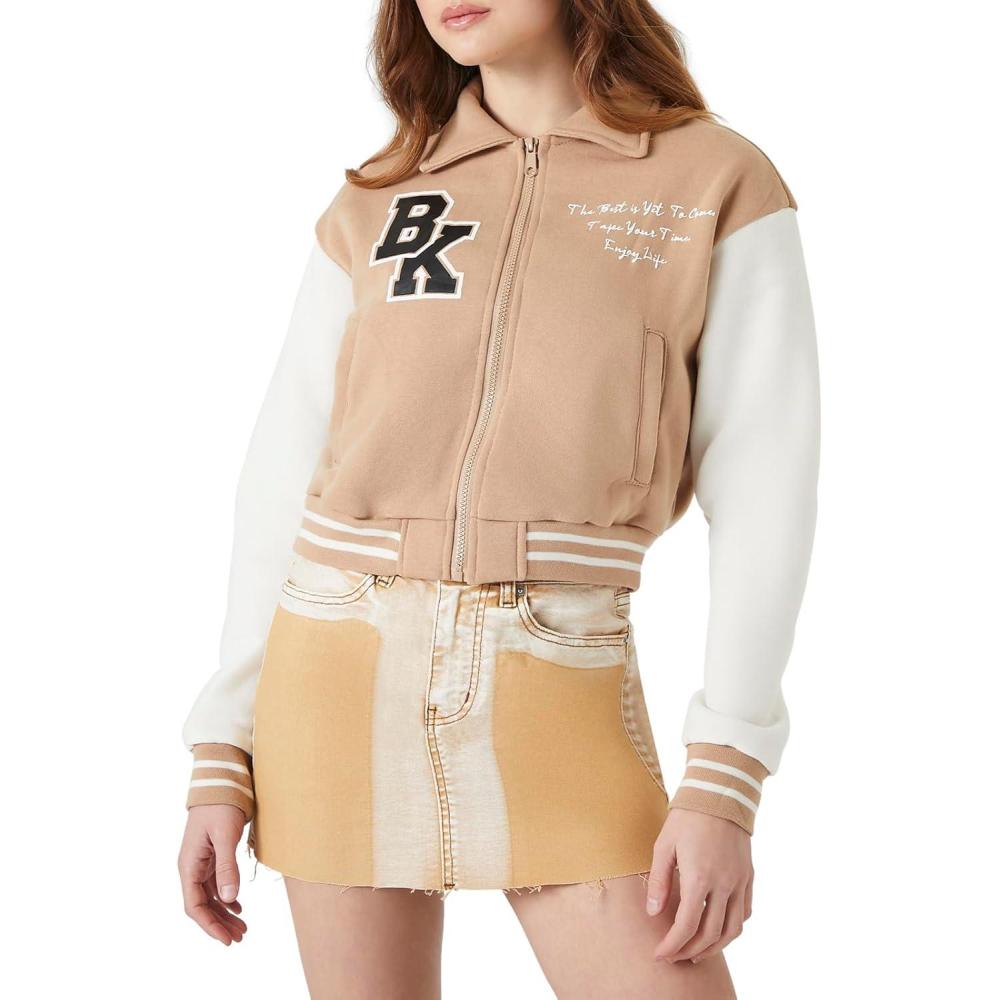 imageForever 21 Womens Varsity Letterman Bomber JacketKhaki