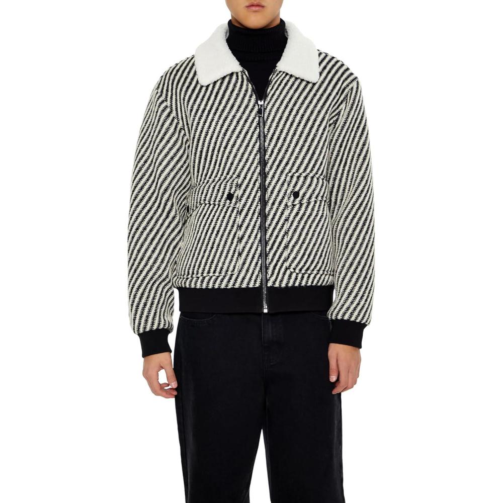 imageForever 21 mens Faux Shearlingcollar Striped JacketBlackCream