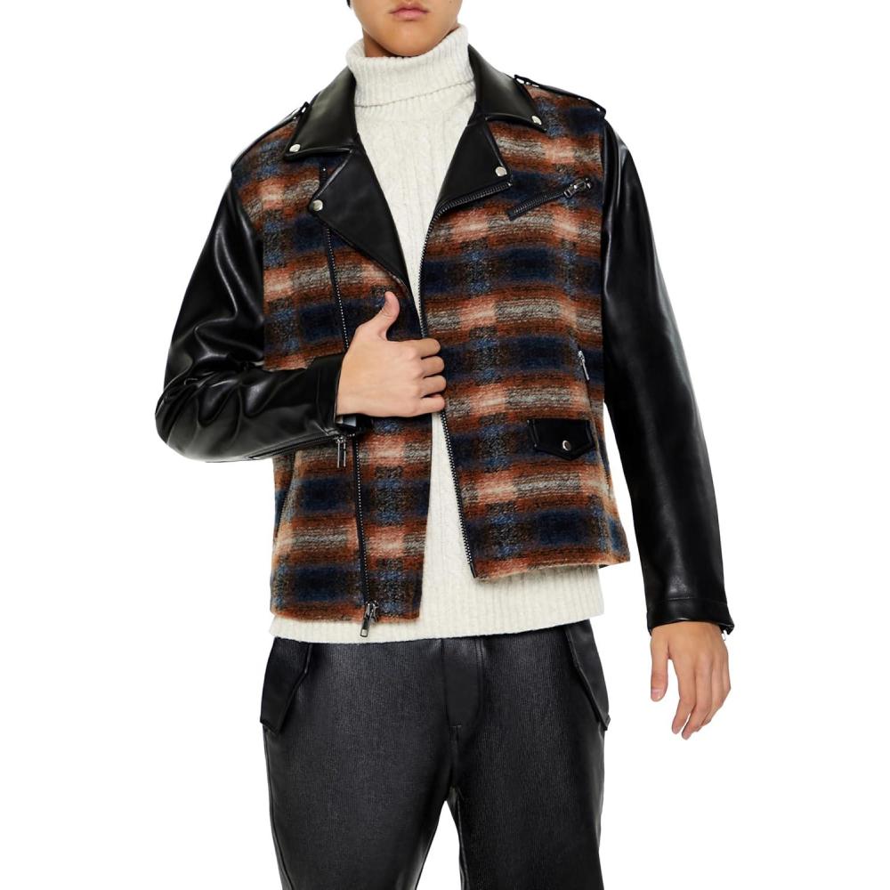 imageForever 21 mens Plaid Faux Leather Moto JacketBlackMulti
