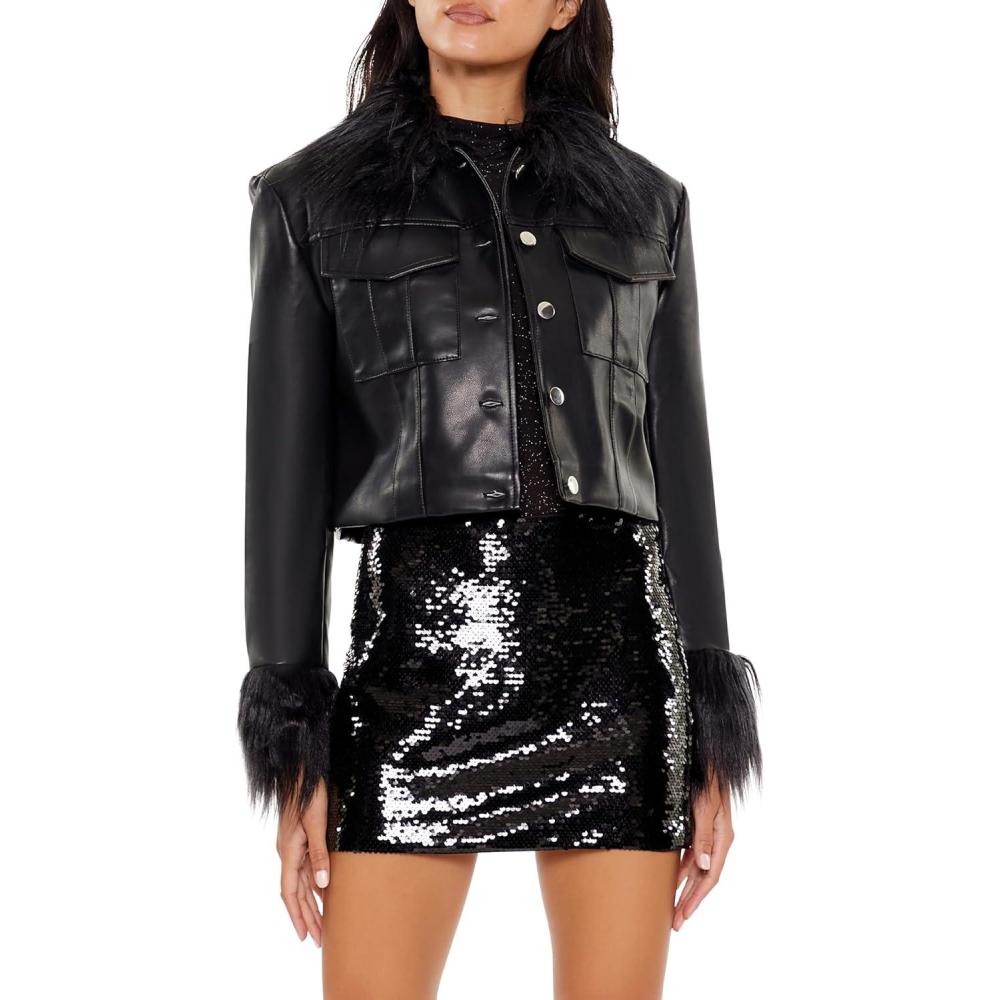 imageForever 21 womens Faux Fur ampamp Leather Trucker JacketBlackBlack