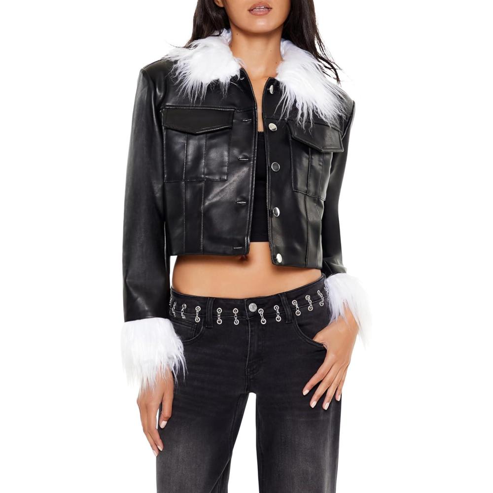 imageForever 21 womens Faux Fur ampamp Leather Trucker JacketBlackWhite